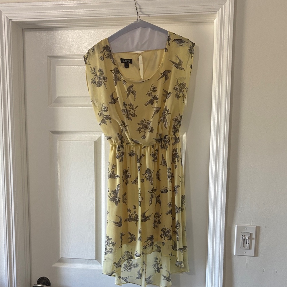 Yellow and Black Floral and Bird Midi Dress